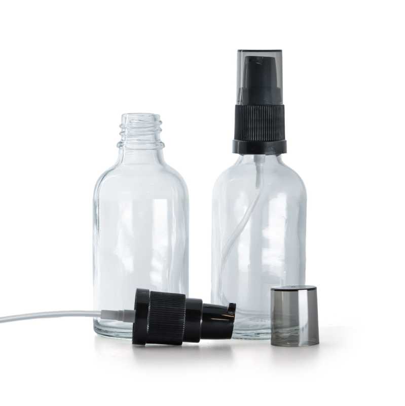 Átlátszó üvegpalack krémadagoló pumpával füstszínű kupakkal 30 ml