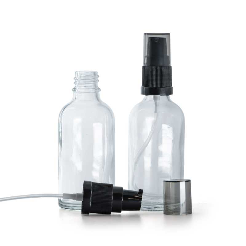 Átlátszó üvegpalack, krémadagoló pumpa füstös kupakkal, 50 ml