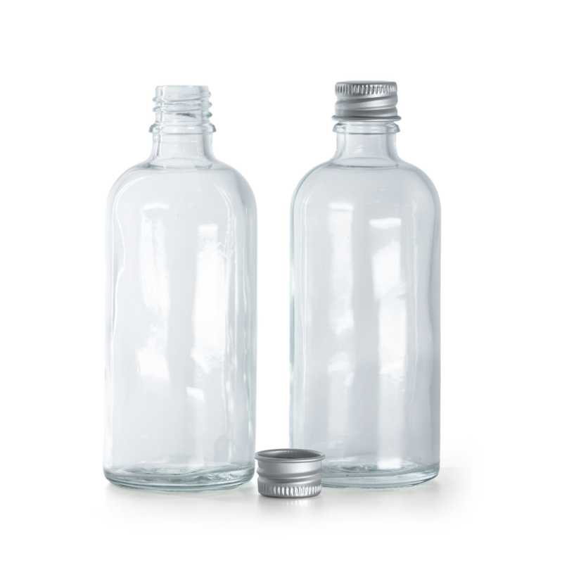 Átlátszó üvegcse, ezüst alumínium csavaros kupak, 100 ml