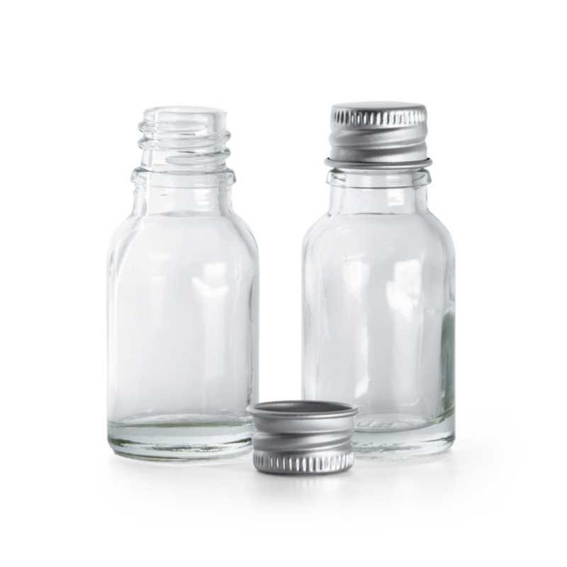 Átlátszó üvegcse, alumínium kupak, 15 ml