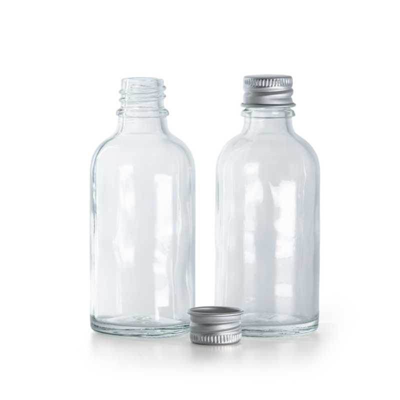 Átlátszó üvegcse, alumínium kupak, 30 ml