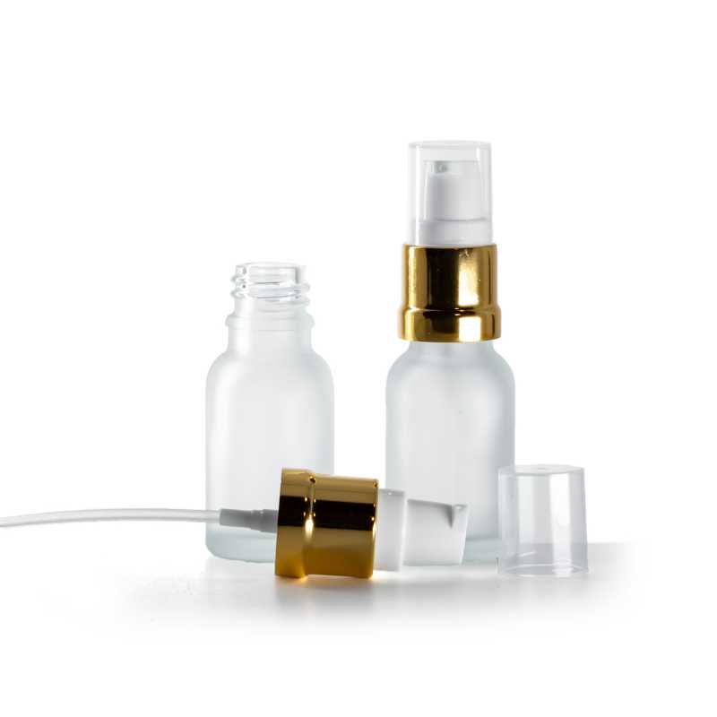 Átlátszó, matt üvegpalack, fényes fehér-arany adagoló, 15 ml