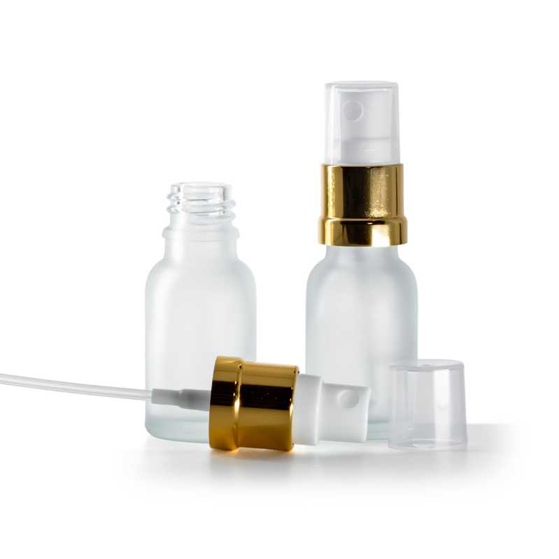 Átlátszó, matt üvegpalack fehér-arany permetezővel, 15 ml