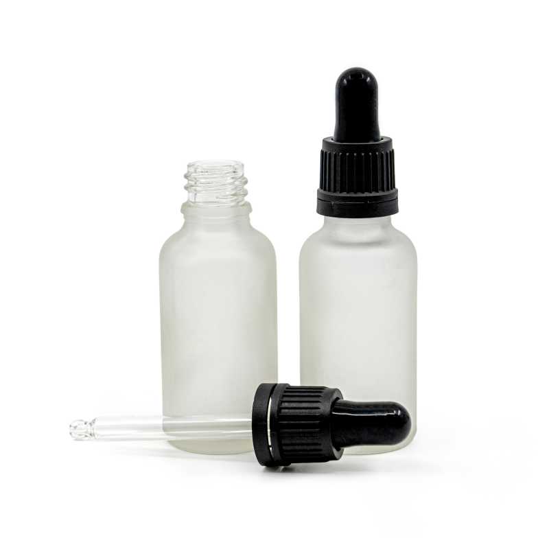 Matt átlátszó üvegpalack fekete garanciazáras cseppentővel 30 ml