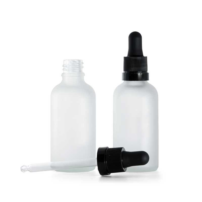 Átlátszó matt üvegpalack, matt fekete pipetta fényes gyűrűvel, 50 ml