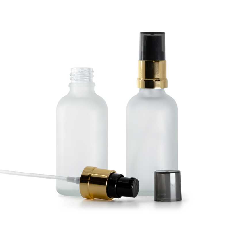 Átlátszó, fagyasztott üvegpalack, fényes fekete-arany pumpával, 50 ml