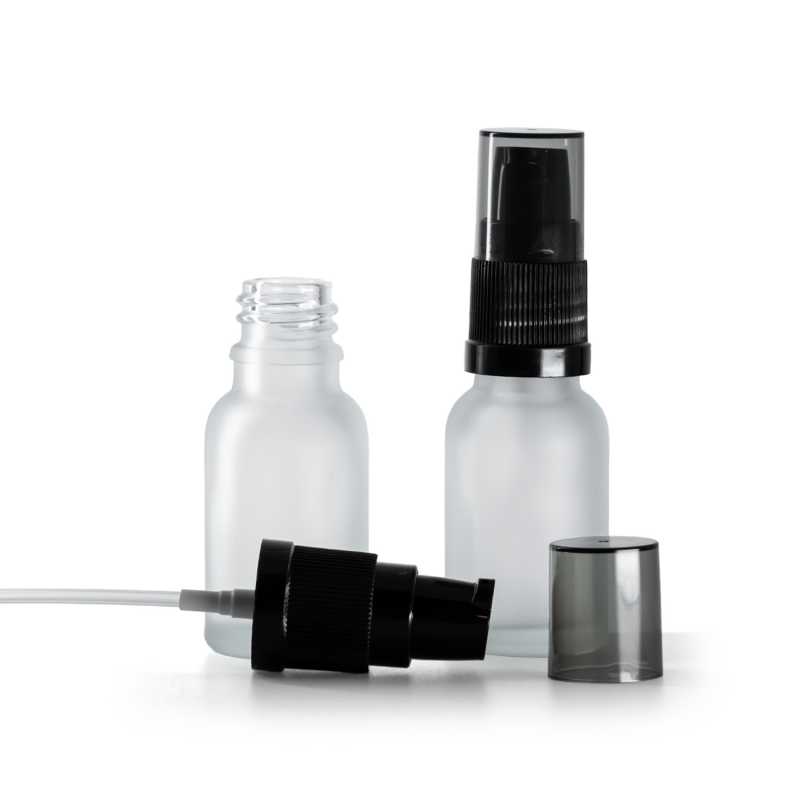 Átlátszó matt üvegcse, krémadagoló füstös felső kupakkal, 15 ml