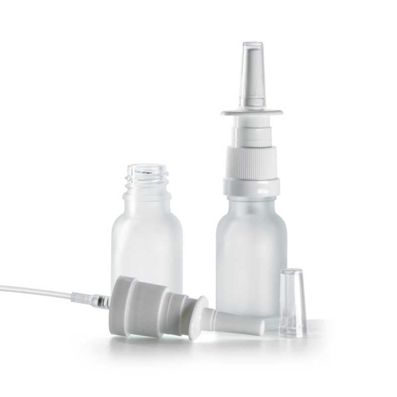 Átlátszó, matt üvegpalack, orrsprayfejjel, 15 ml