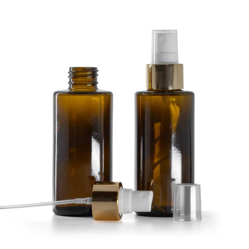 Borostyán üvegpalack, egyenes nyak, 24 mm, fehér permetezőfej fényes arany gallérral, 100 ml