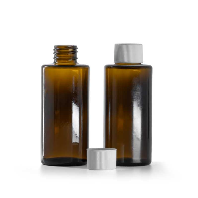 Borostyánszínű üvegpalack, egyenes nyak, 24 mm, fehér kupak, 100 ml