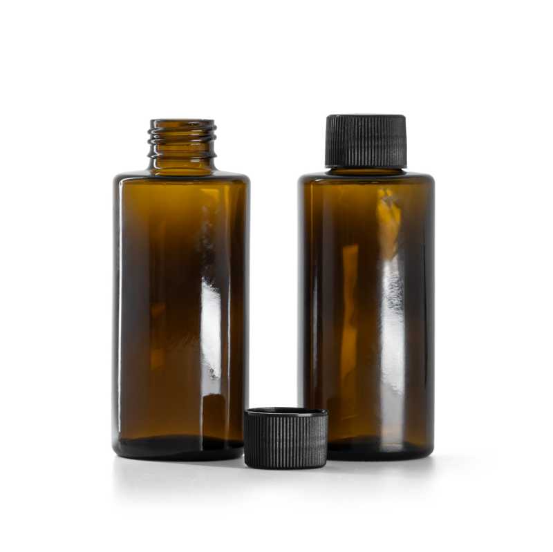 Üvegpalack, egyenes nyak, 24 mm, fekete bordázott kupak, 100 ml