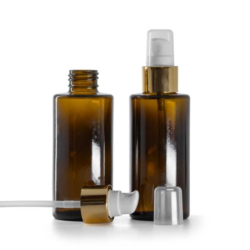 Borostyánszínű üvegpalack, egyenes nyak, 24 mm, fehér adagolópumpa kupakkal, fényes arany, 100 ml