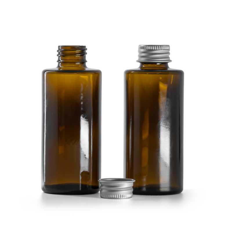Borostyánszínű üvegpalack, egyenes nyak, 24 mm, ezüst alumínium kupak, 100 ml