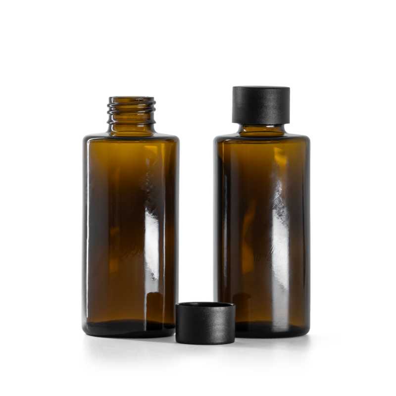 Borostyánszínű üvegpalack egyenes nyakkal 24 mm matt fekete műanyag kupakkal 100 ml
