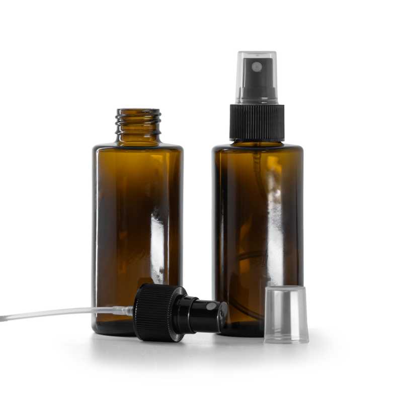 Borostyánüveg palack, egyenes nyak, 24 mm, fekete permetező, 100 ml