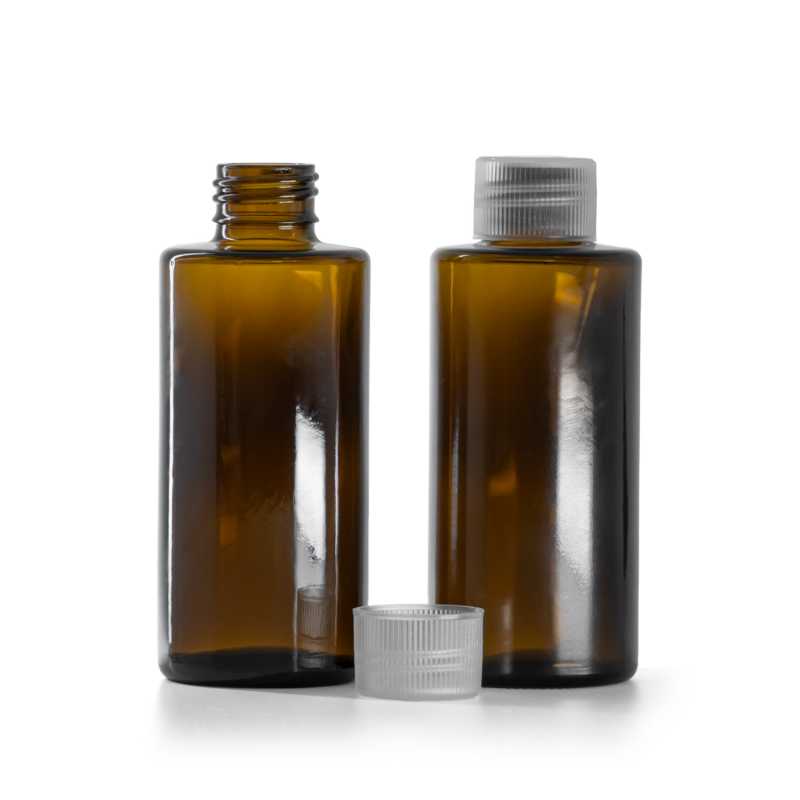 Borostyánszínű üvegpalack, egyenes nyak, 24 mm, átlátszó kupak, 100 ml