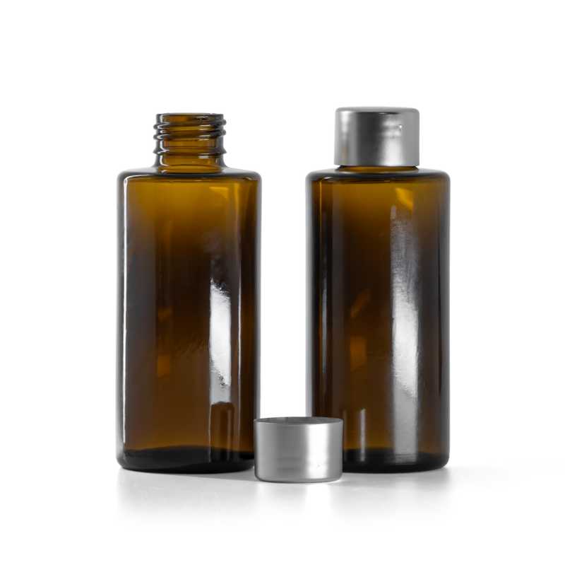 Borostyánszínű üvegpalack, egyenes nyak, 24 mm, ezüst kupak, 100 ml