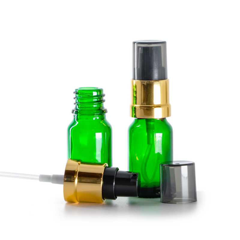 Zöld üvegpalack, fényes fekete-arany adagoló, 10 ml