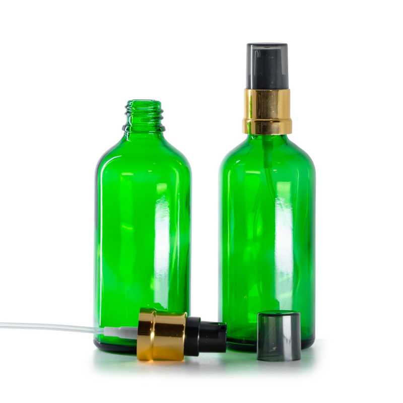 Zöld üvegcse, fényes fekete-arany adagoló füstös felső kupakkal, 100 ml