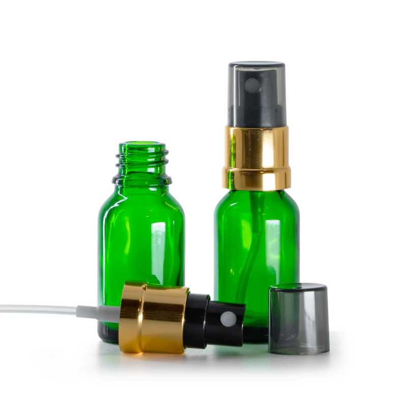 Zöld üvegcse, fekete-arany szórófej, füstös felső kupak, 15 ml