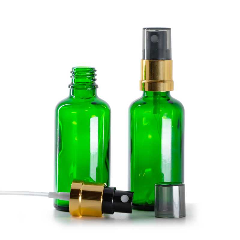 Zöld üvegcse, fekete-arany szórófej füstös felső kupakkal, 50 ml
