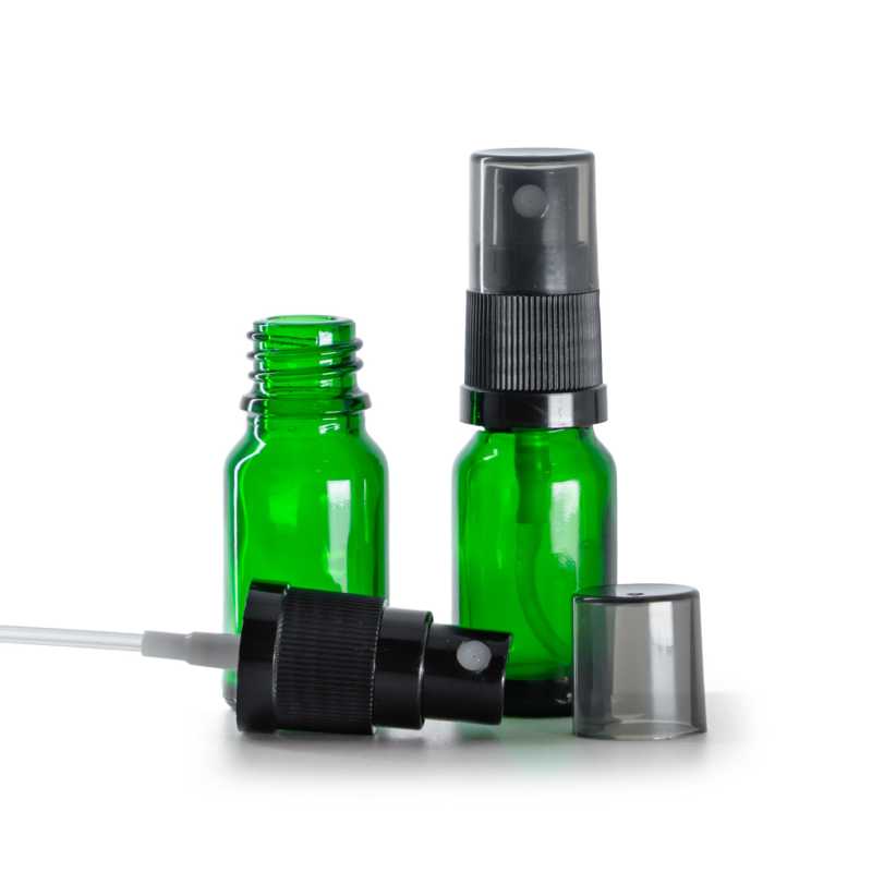 Zöld üvegcse, fekete finompermetező füstös felső kupakkal, 10 ml