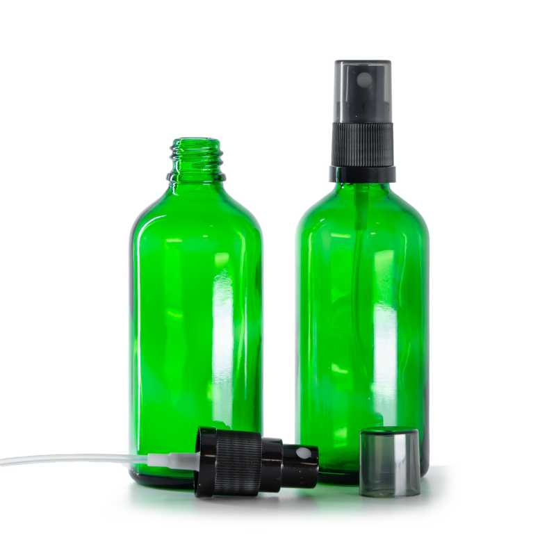 Zöld üvegcse, fekete finompermetező füstös felső kupakkal, 100 ml
