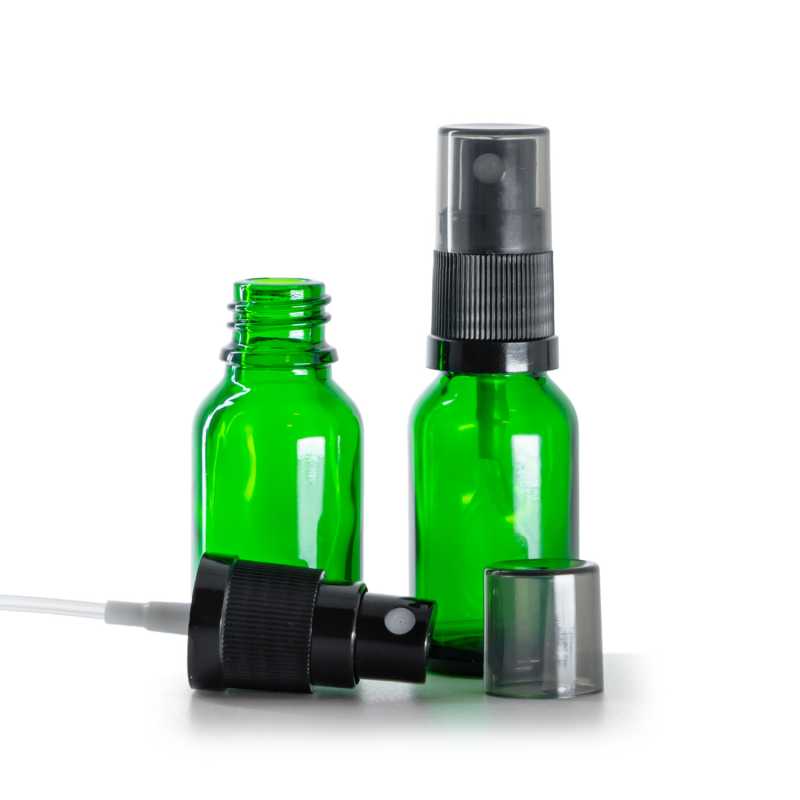 Zöld üvegcse, fekete finompermetező, füstös felső kupak, 15 ml