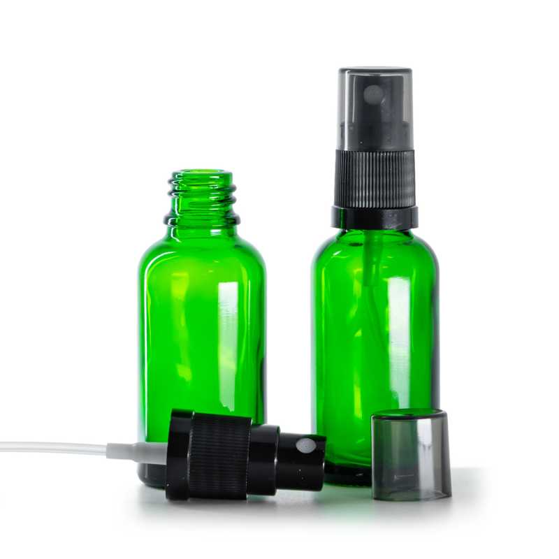 Zöld üvegcse, fekete finompermetező füstös felső kupakkal, 30 ml