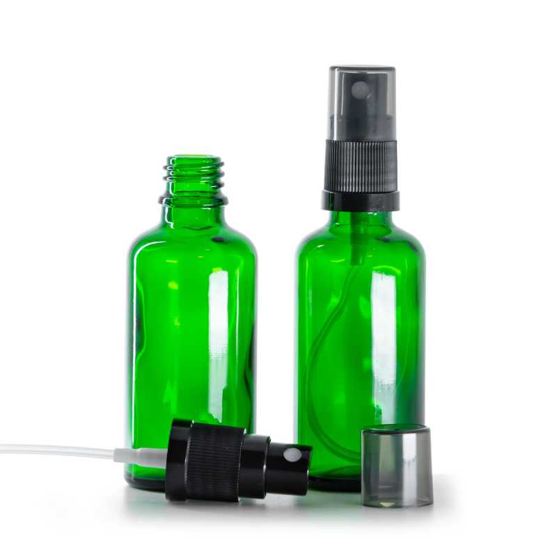 Zöld üvegcse, fekete finompermetező, füstös felső kupak, 50 ml