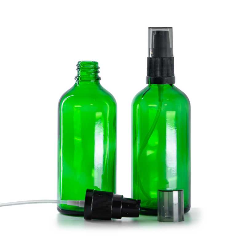 Flakon, üveg, zöld, krémadagoló füstszínű kupakkal, 100 ml