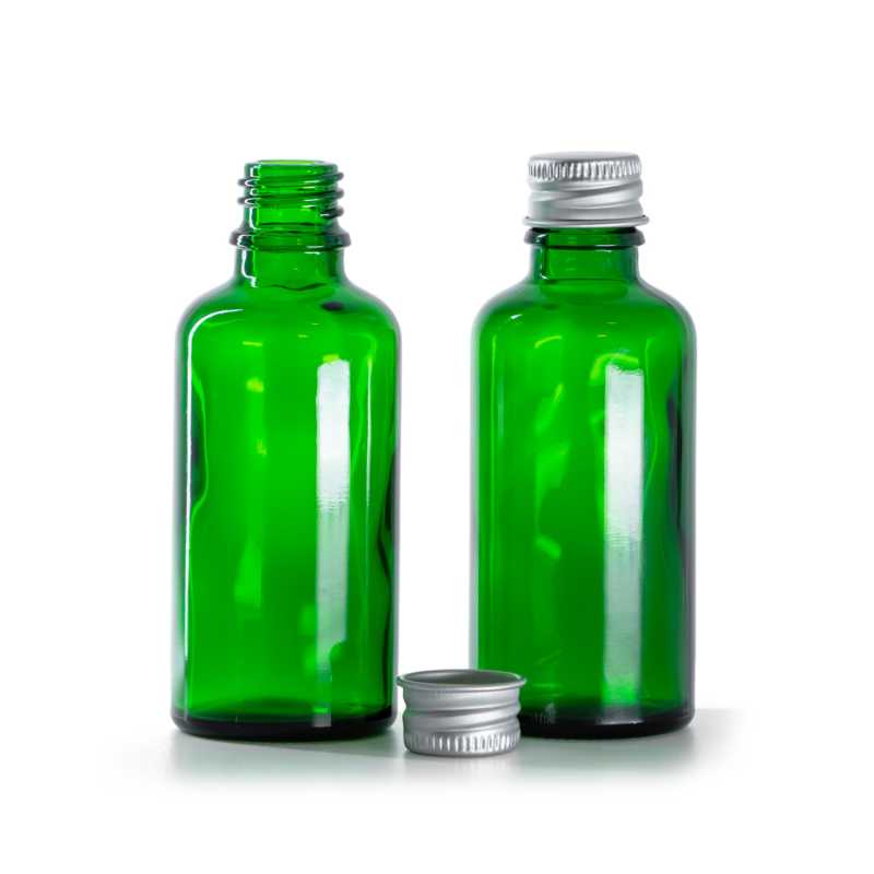 Zöld üvegcse, ezüst alumínium kupak, 50 ml