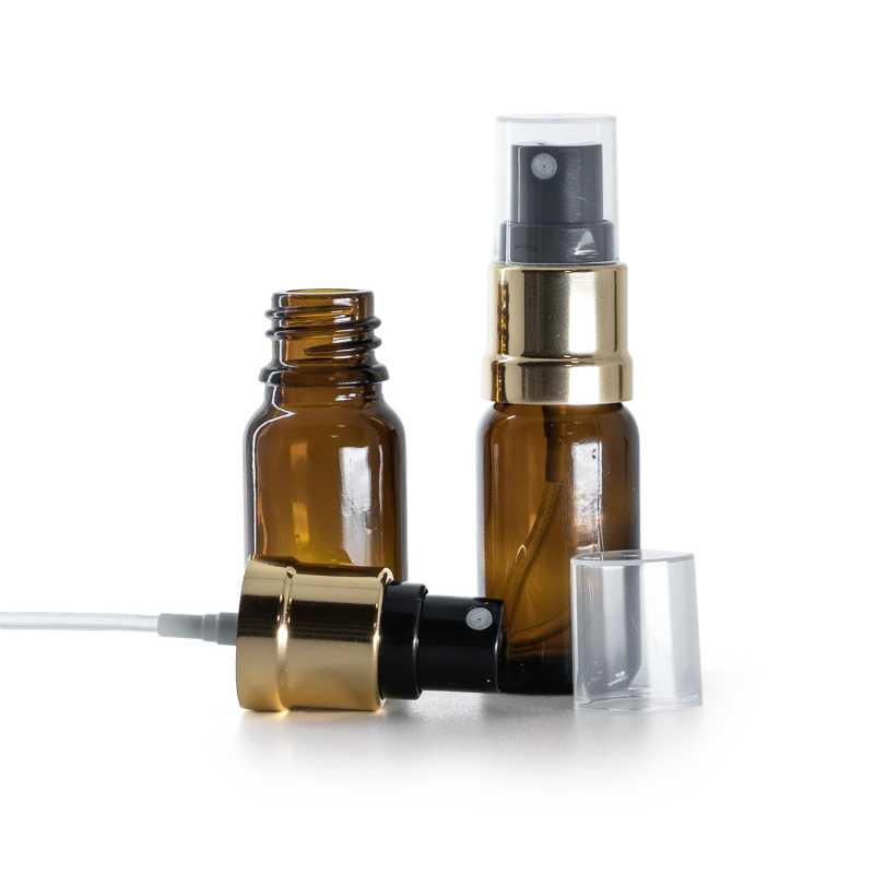 Borostyánszínű üvegpalack fekete-arany permetezőfejjel, 10 ml