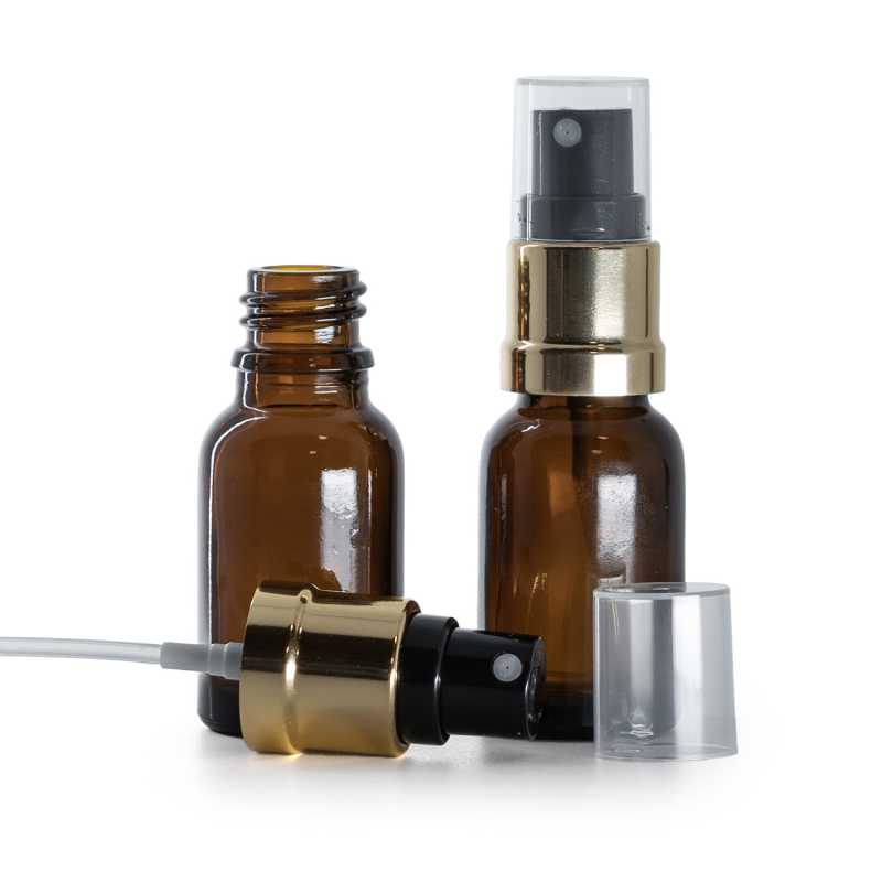 Borostyánszínű üvegpalack, fekete-arany permetező, 15 ml