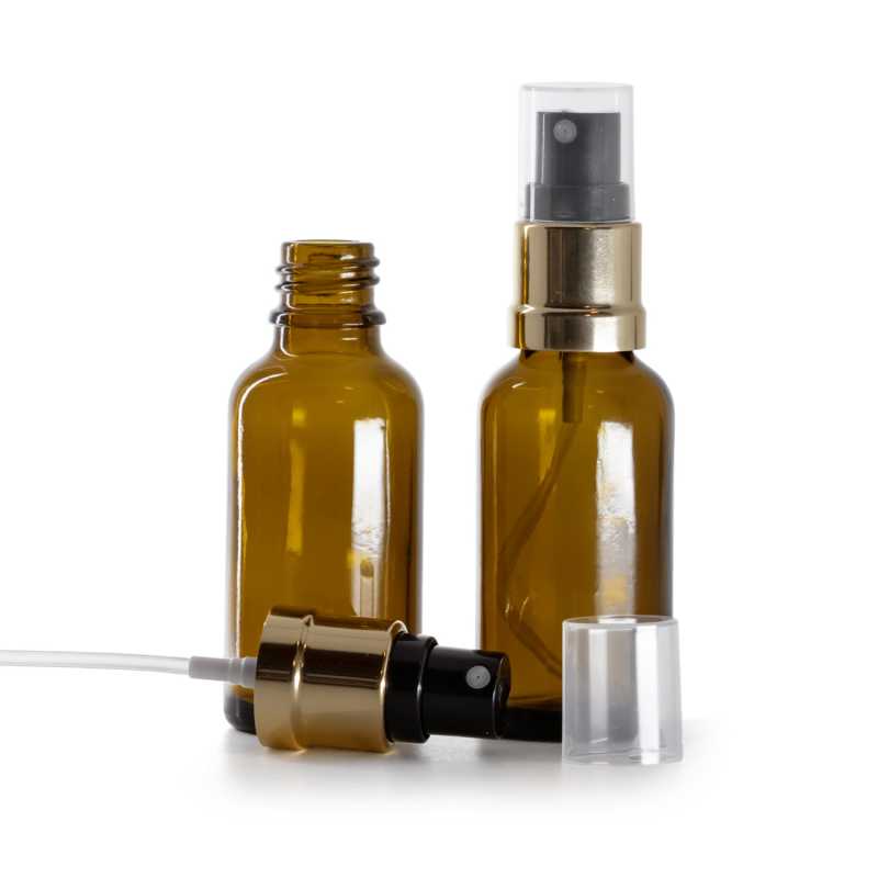 Borostyánsárga üvegpalack fekete-arany permetezőfejjel, 30 ml