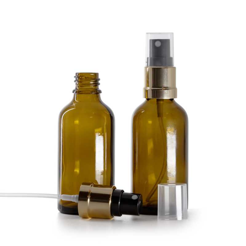 Borostyánszínű üvegpalack, fekete-arany permetező, 50 ml