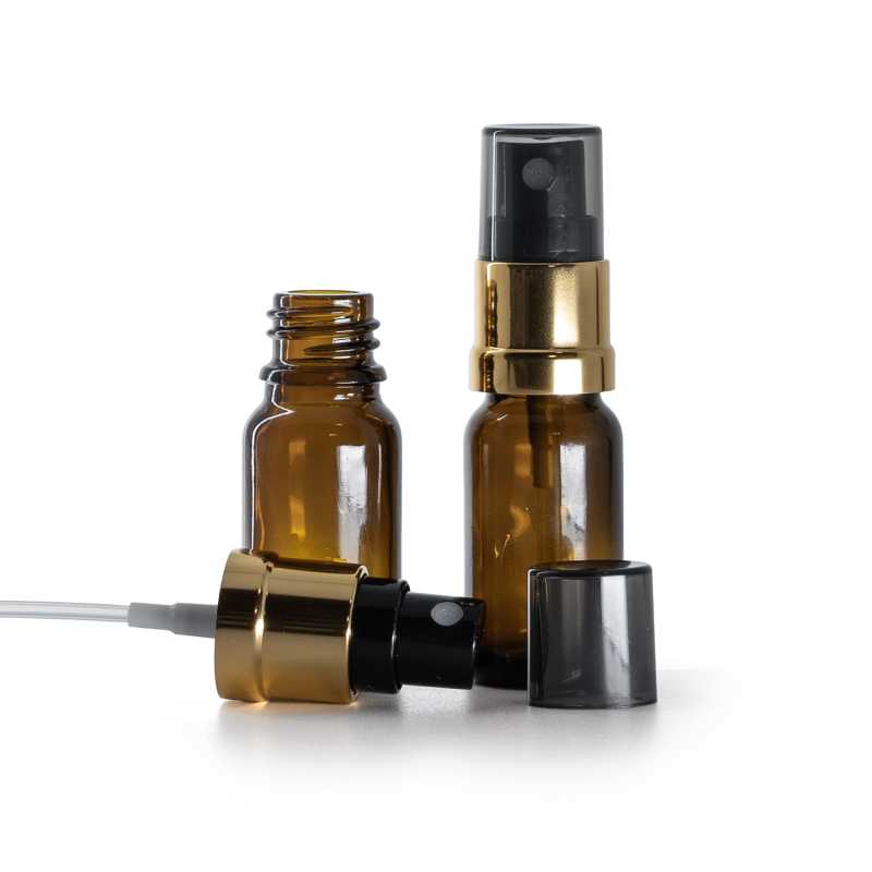 Borostyánszínű üvegpalack, fekete-arany permetező, füstös kupak, 10 ml