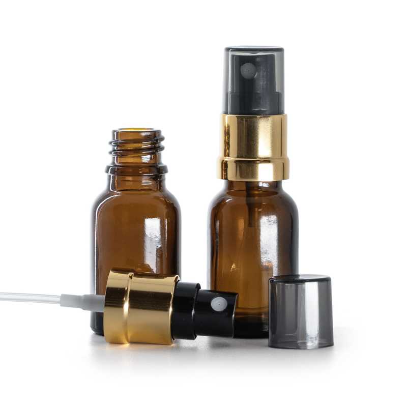 Borostyánszínű üvegfiola, fekete-arany permetezőfej, füstös kupak, 15 ml