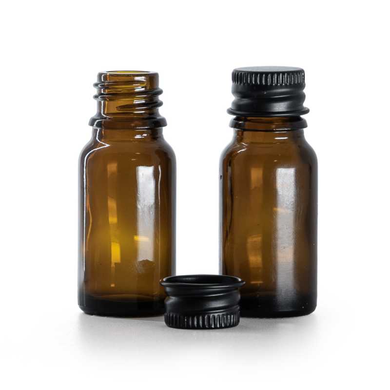 Borostyánsárga üvegpalack fekete alumínium kupakkal 10 ml