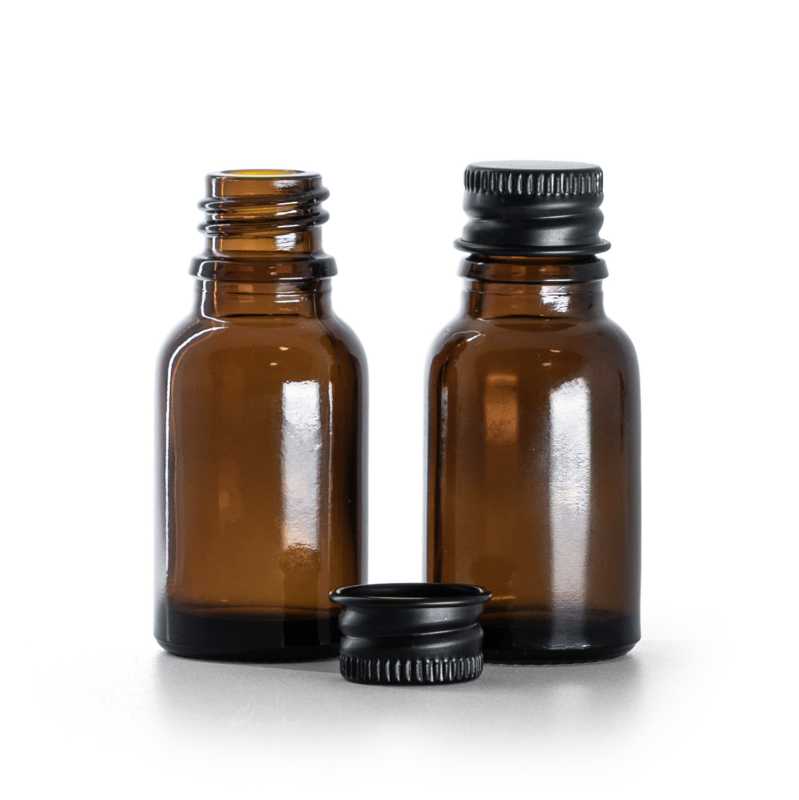 Borostyánszínű üvegpalack, fekete alumínium kupak, 15 ml