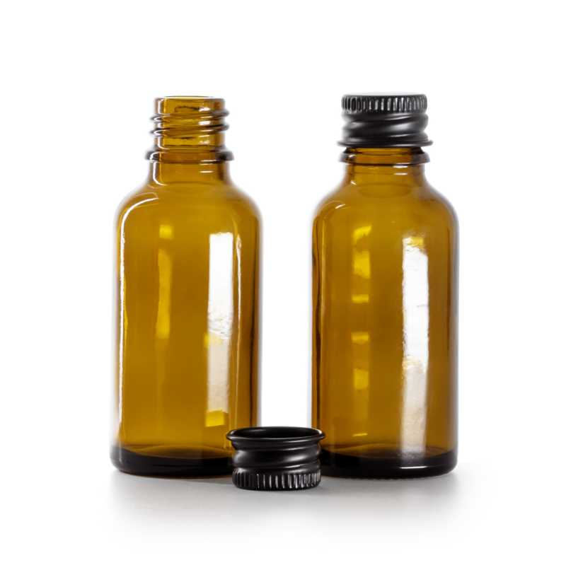 Borostyánszínű üvegpalack, fekete alumínium kupak, 30 ml