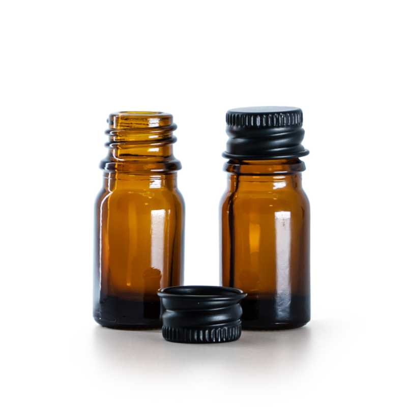 Borostyánszínű üvegpalack, fekete alumínium kupak, 5 ml