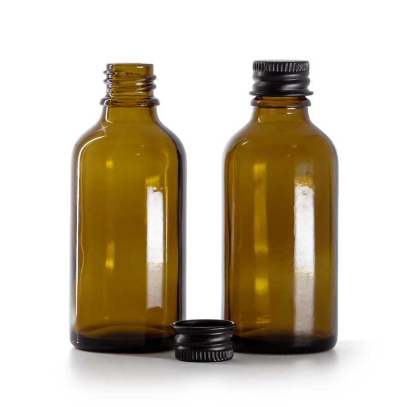 Borostyánszínű üvegpalack, fekete alumínium kupak, 50 ml