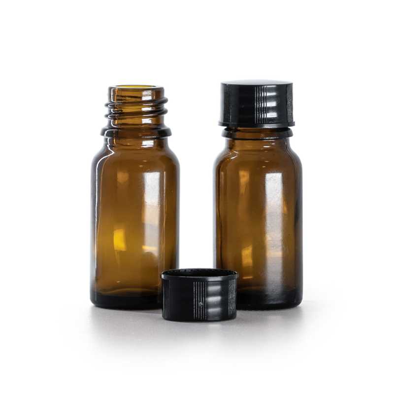 Borostyánszínű üvegpalack, fekete kupak, 10 ml