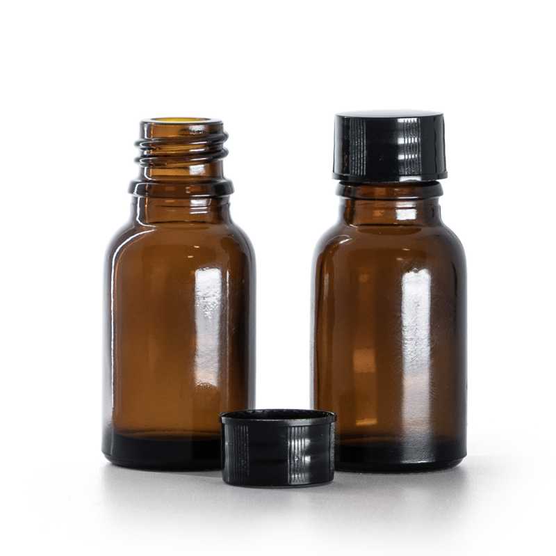 Borostyánszínű üvegpalack, fekete kupak, 15 ml