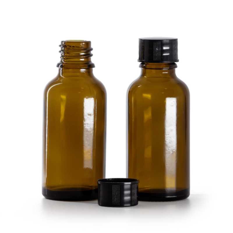 Borostyánsárga üvegpalack, fekete kupak, 30 ml