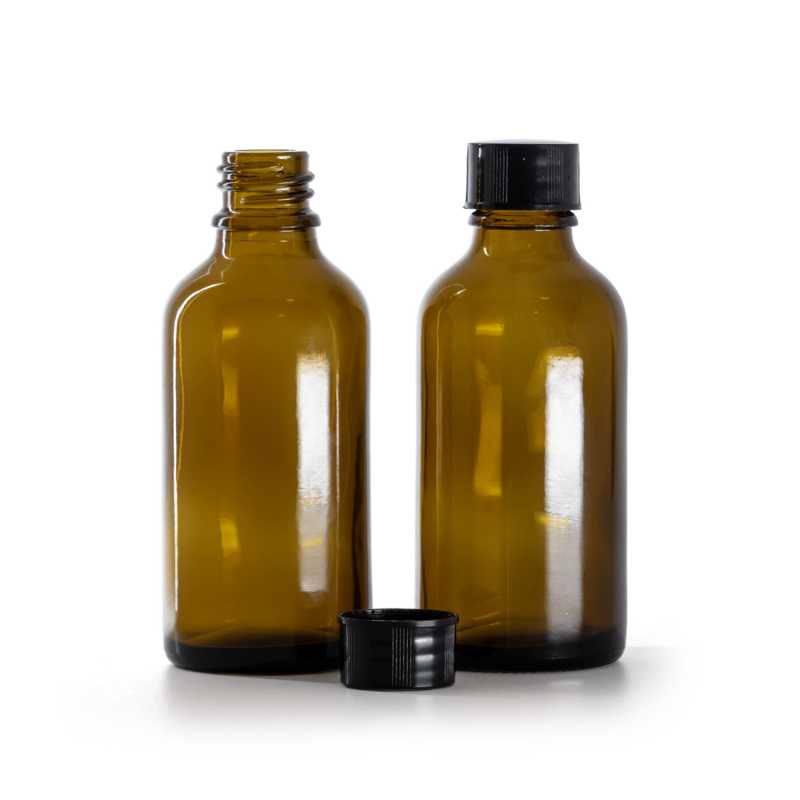 Borostyánszínű üvegpalack fekete kupakkal, 50 ml