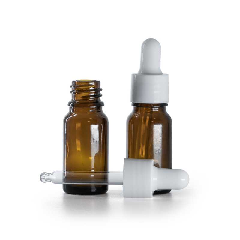 Borostyánszínű üvegpalack fényes fehér cseppentővel, 10 ml