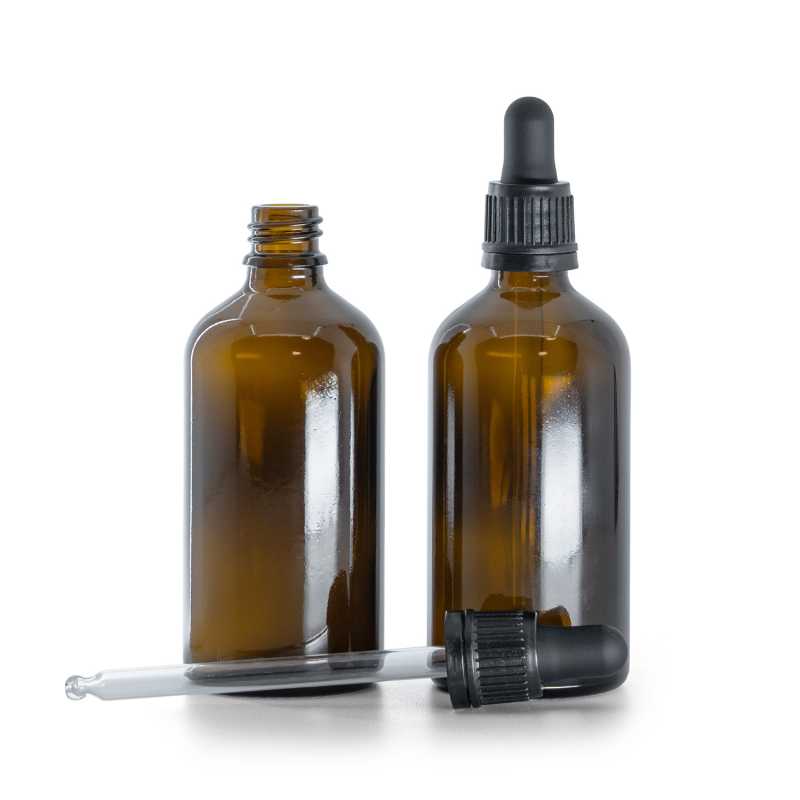 Borostyánszínű üvegpalack, fekete garanciazáras cseppentő, 100 ml