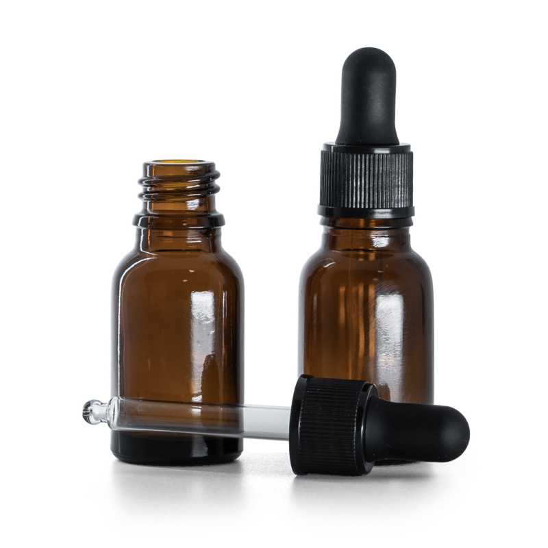 Borostyánszínű üvegpalack, matt fekete cseppentős kupak, 15 ml